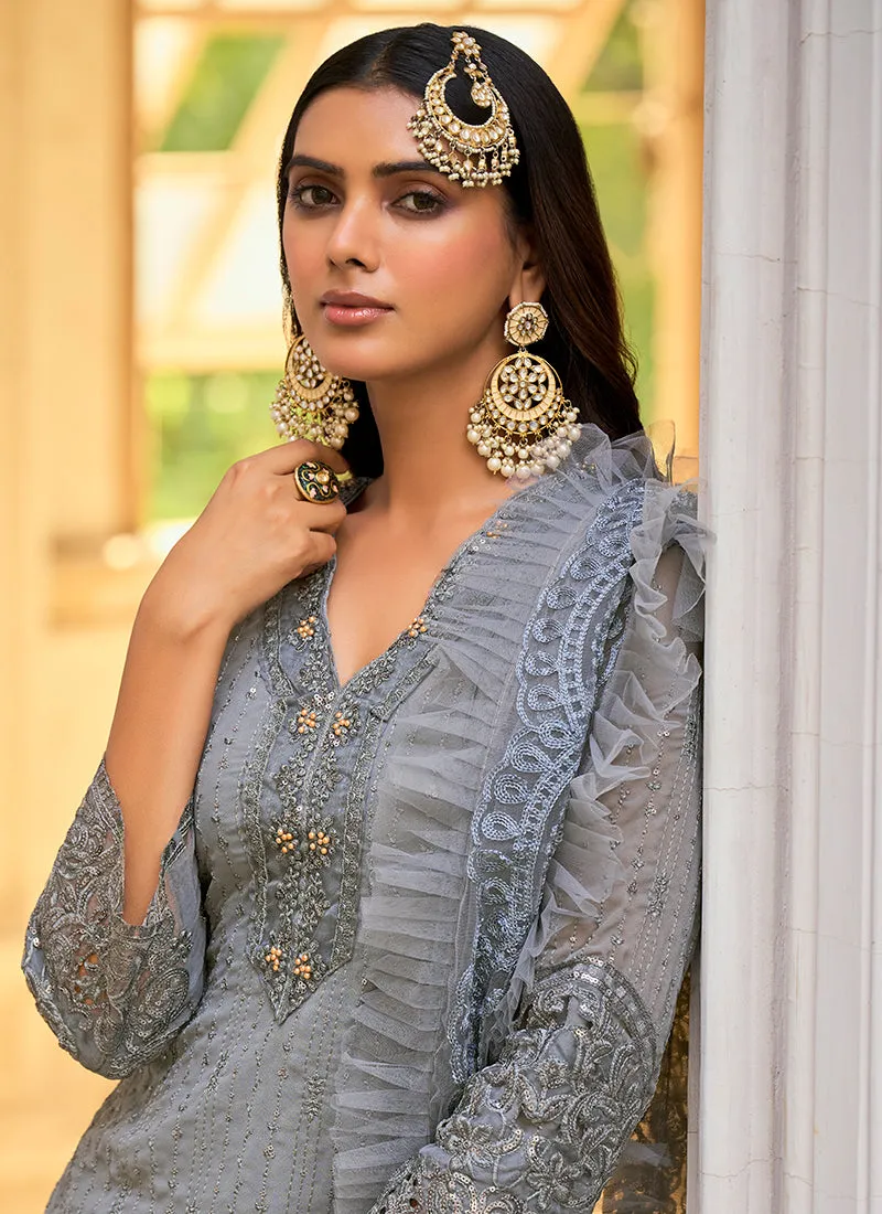 Greyish Silver Sequence And Zari Embroidery Pant Style Suit
