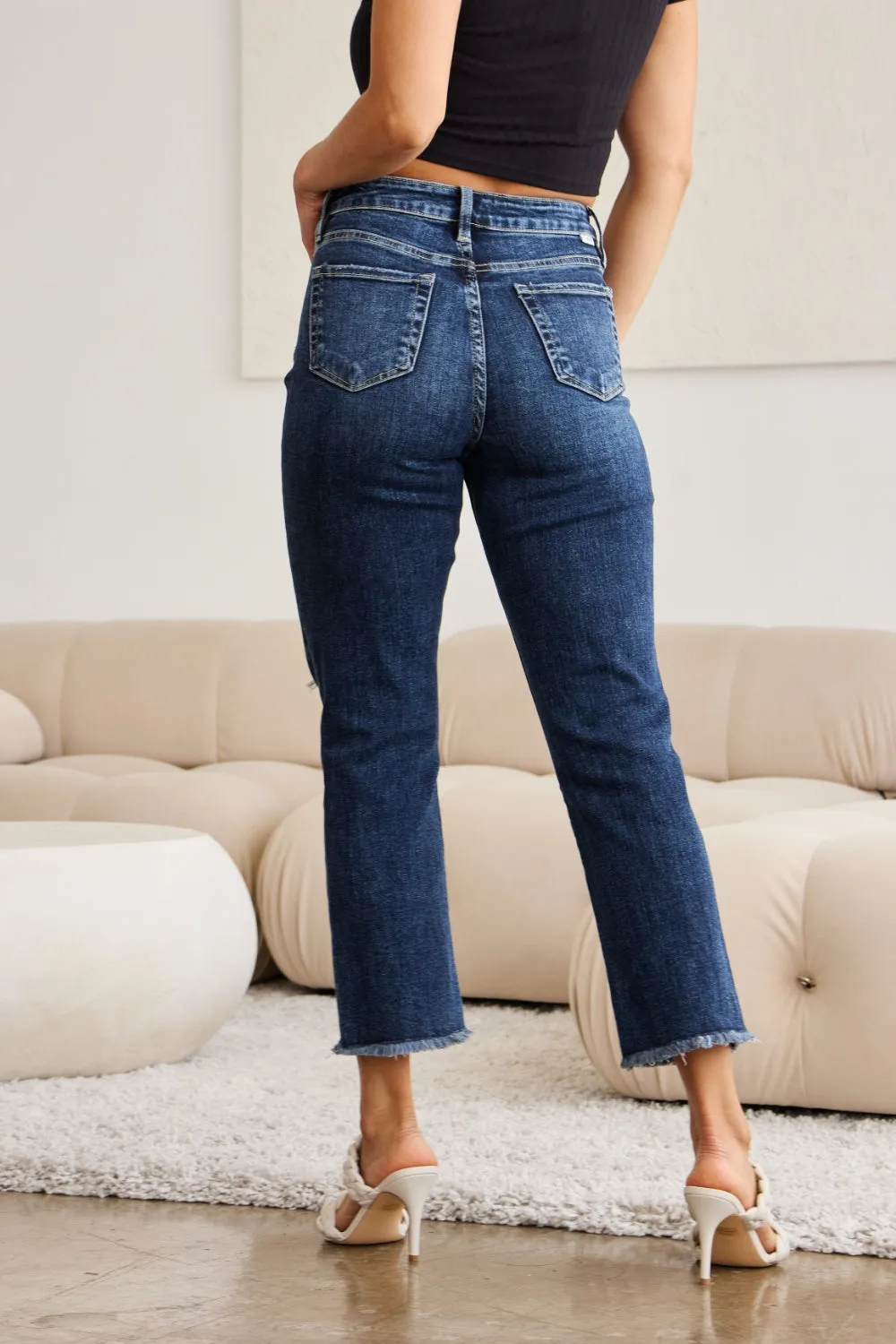 Hazel Blues® |  RFM Crop Dylan Tummy Control Distressed High Waist Raw Hem Jeans