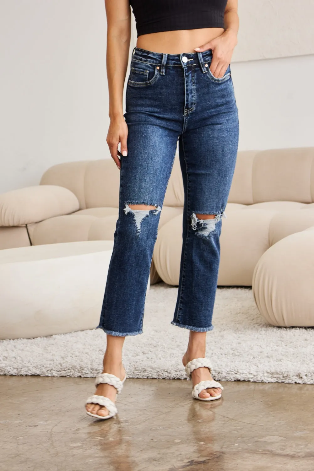 Hazel Blues® |  RFM Crop Dylan Tummy Control Distressed High Waist Raw Hem Jeans