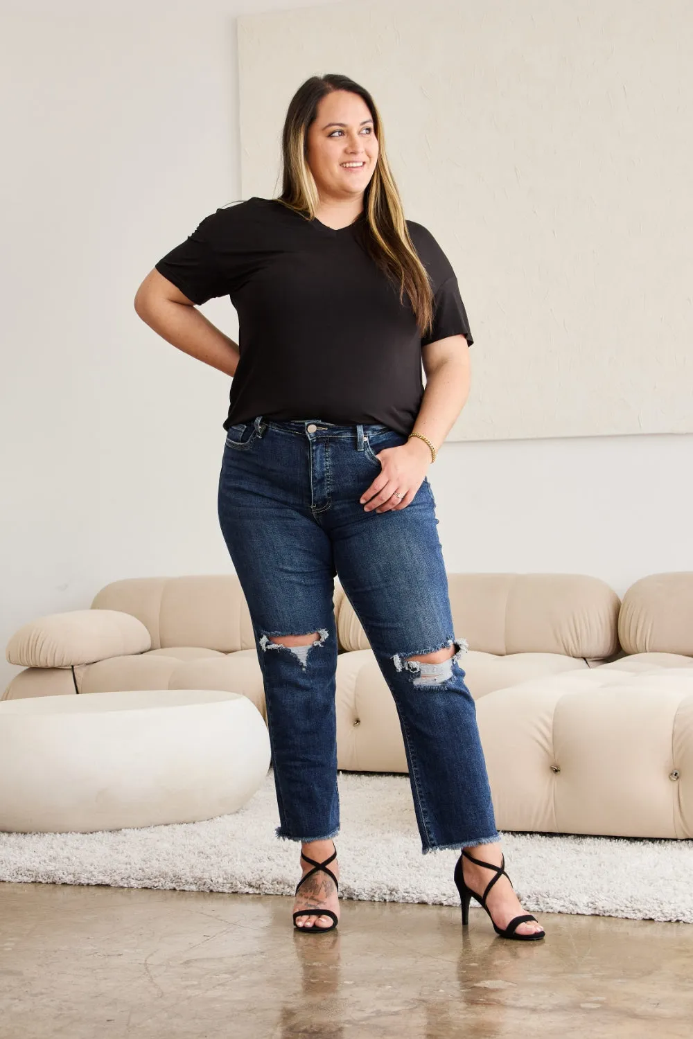 Hazel Blues® |  RFM Crop Dylan Tummy Control Distressed High Waist Raw Hem Jeans
