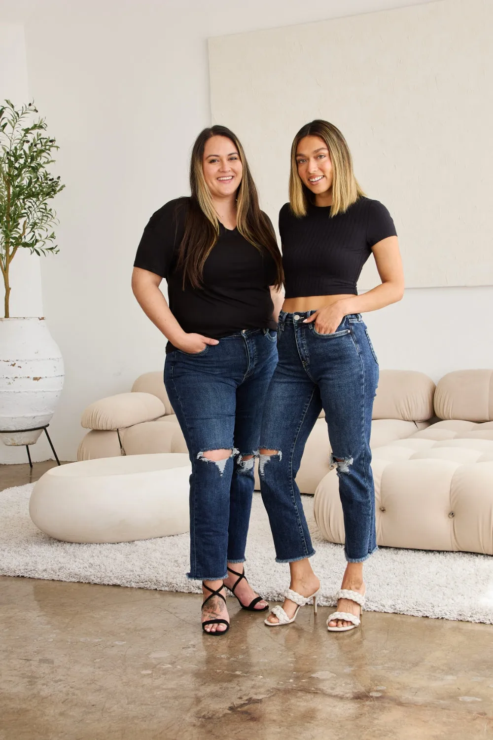 Hazel Blues® |  RFM Crop Dylan Tummy Control Distressed High Waist Raw Hem Jeans