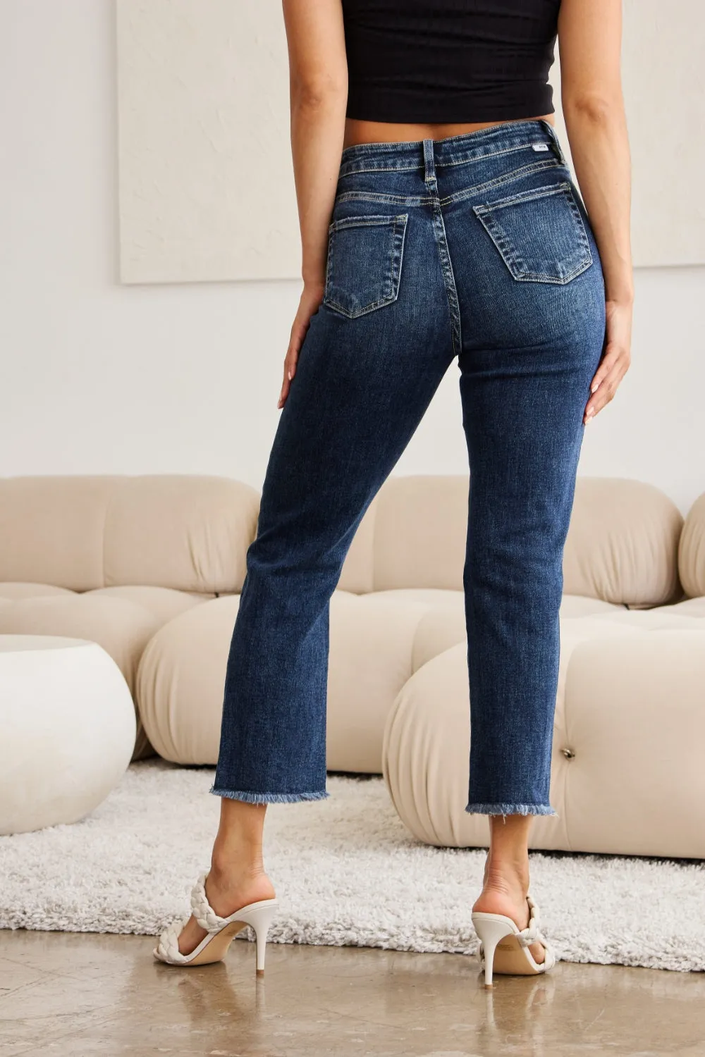Hazel Blues® |  RFM Crop Dylan Tummy Control Distressed High Waist Raw Hem Jeans