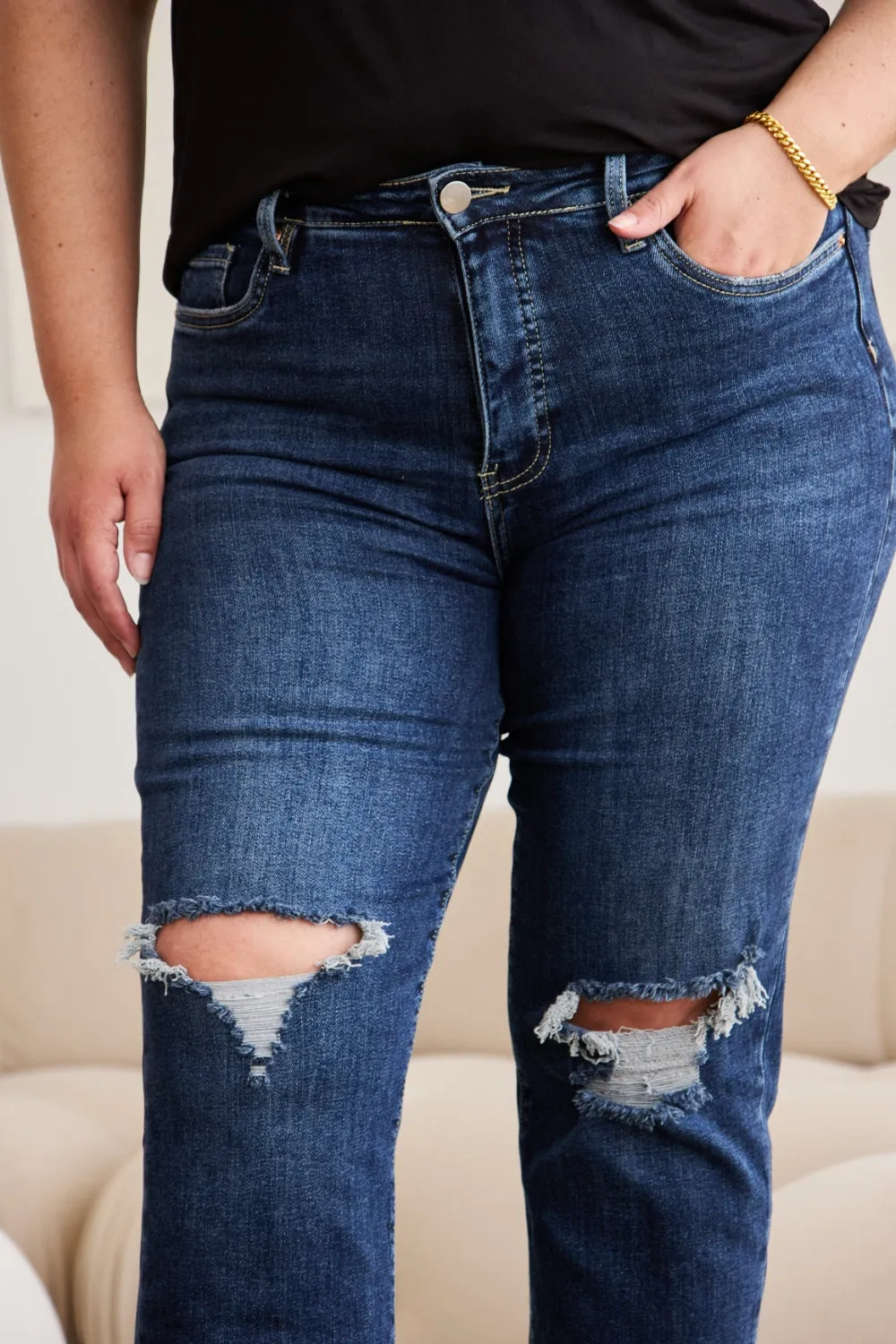 Hazel Blues® |  RFM Crop Dylan Tummy Control Distressed High Waist Raw Hem Jeans