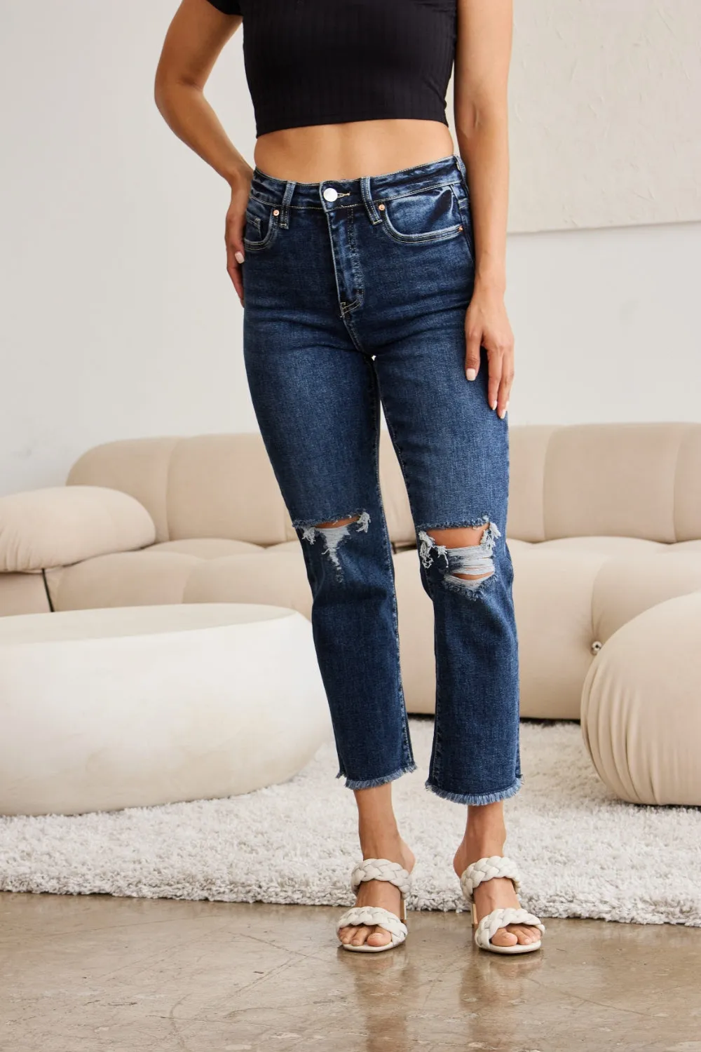 Hazel Blues® |  RFM Crop Dylan Tummy Control Distressed High Waist Raw Hem Jeans