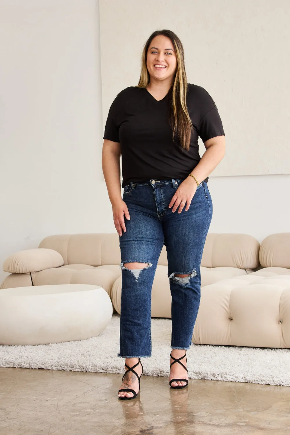 Hazel Blues® |  RFM Crop Dylan Tummy Control Distressed High Waist Raw Hem Jeans