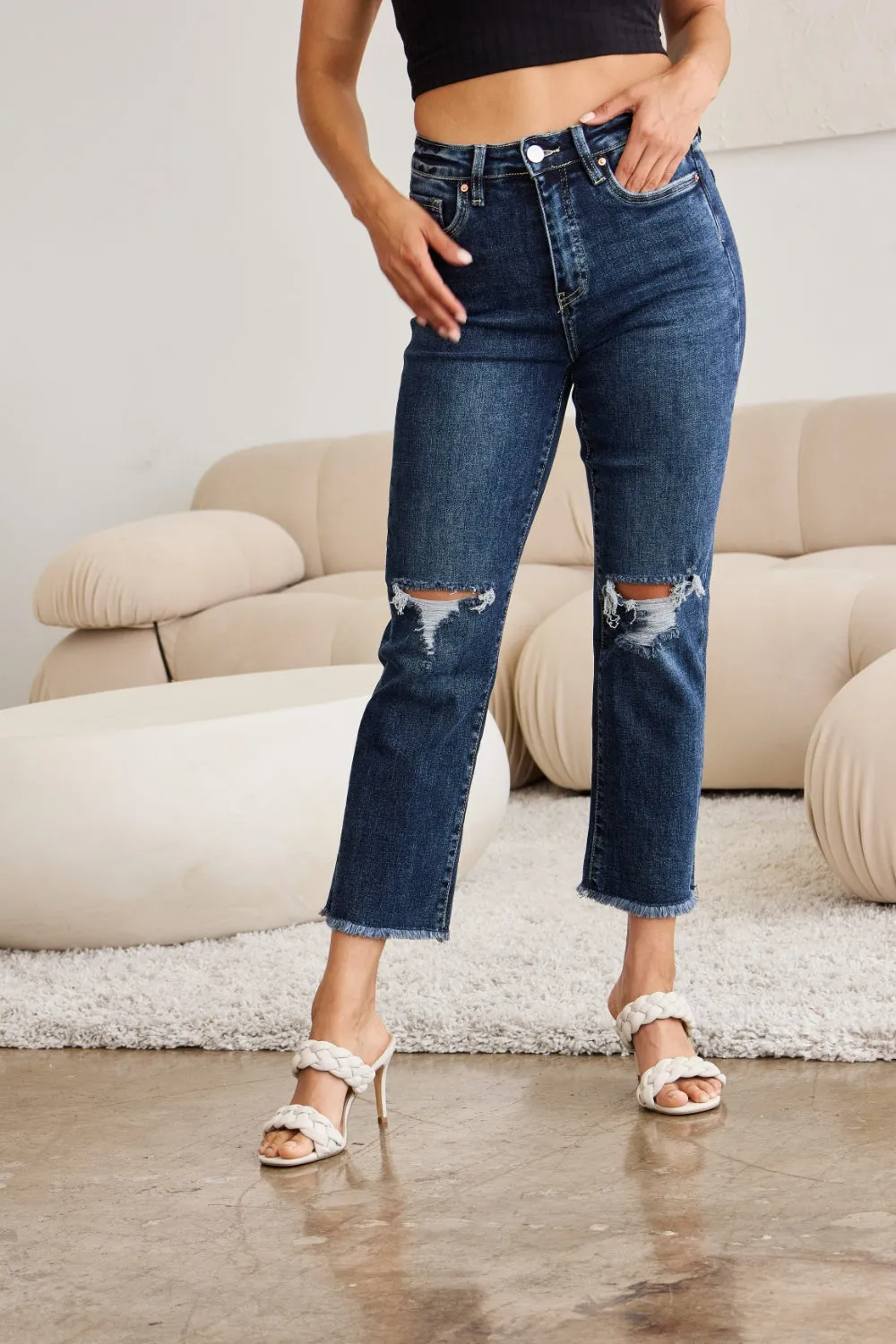Hazel Blues® |  RFM Crop Dylan Tummy Control Distressed High Waist Raw Hem Jeans