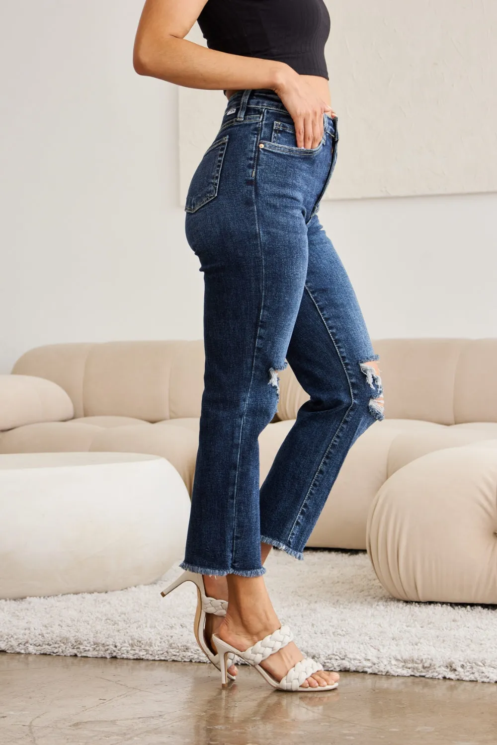 Hazel Blues® |  RFM Crop Dylan Tummy Control Distressed High Waist Raw Hem Jeans