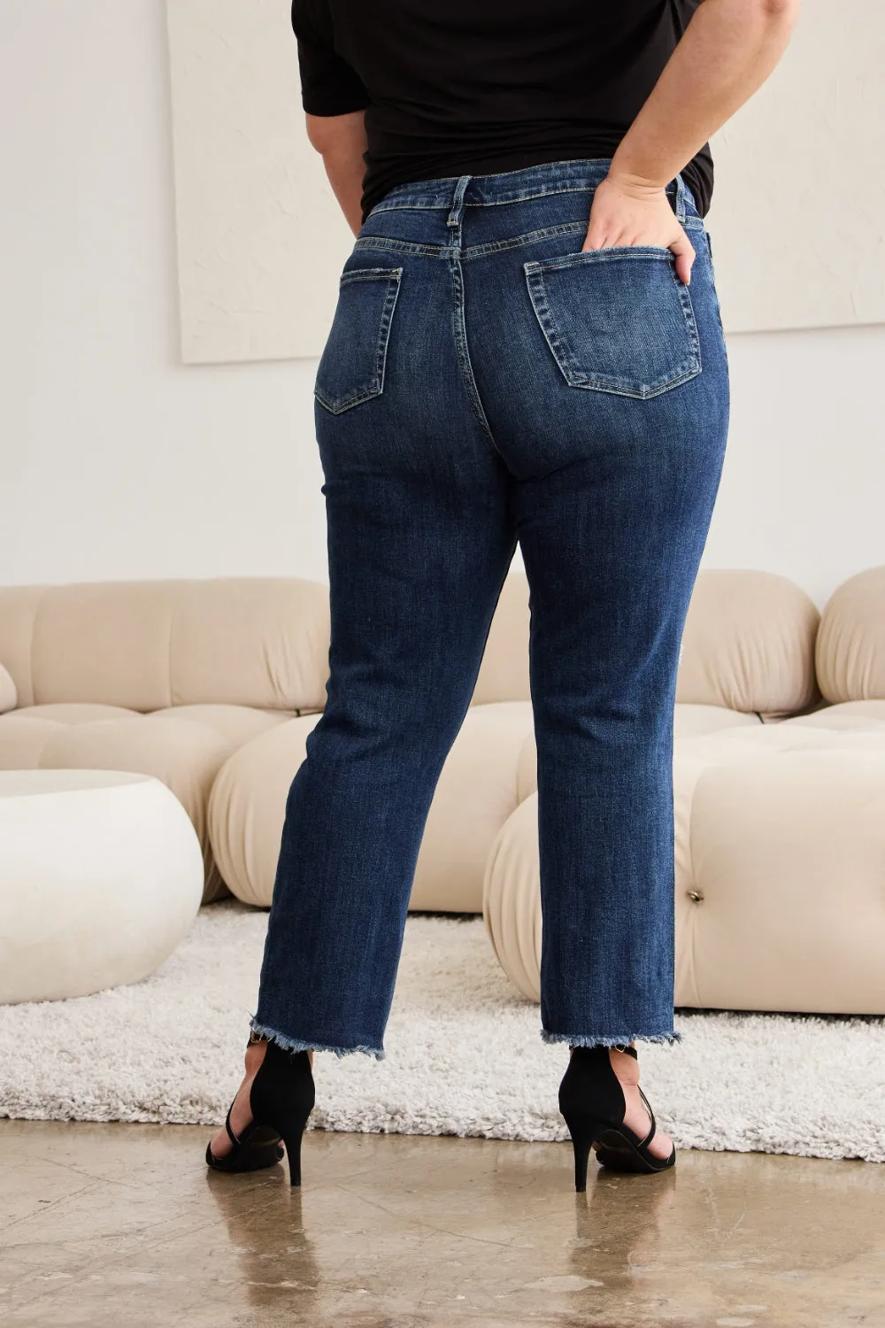 Hazel Blues® |  RFM Crop Dylan Tummy Control Distressed High Waist Raw Hem Jeans