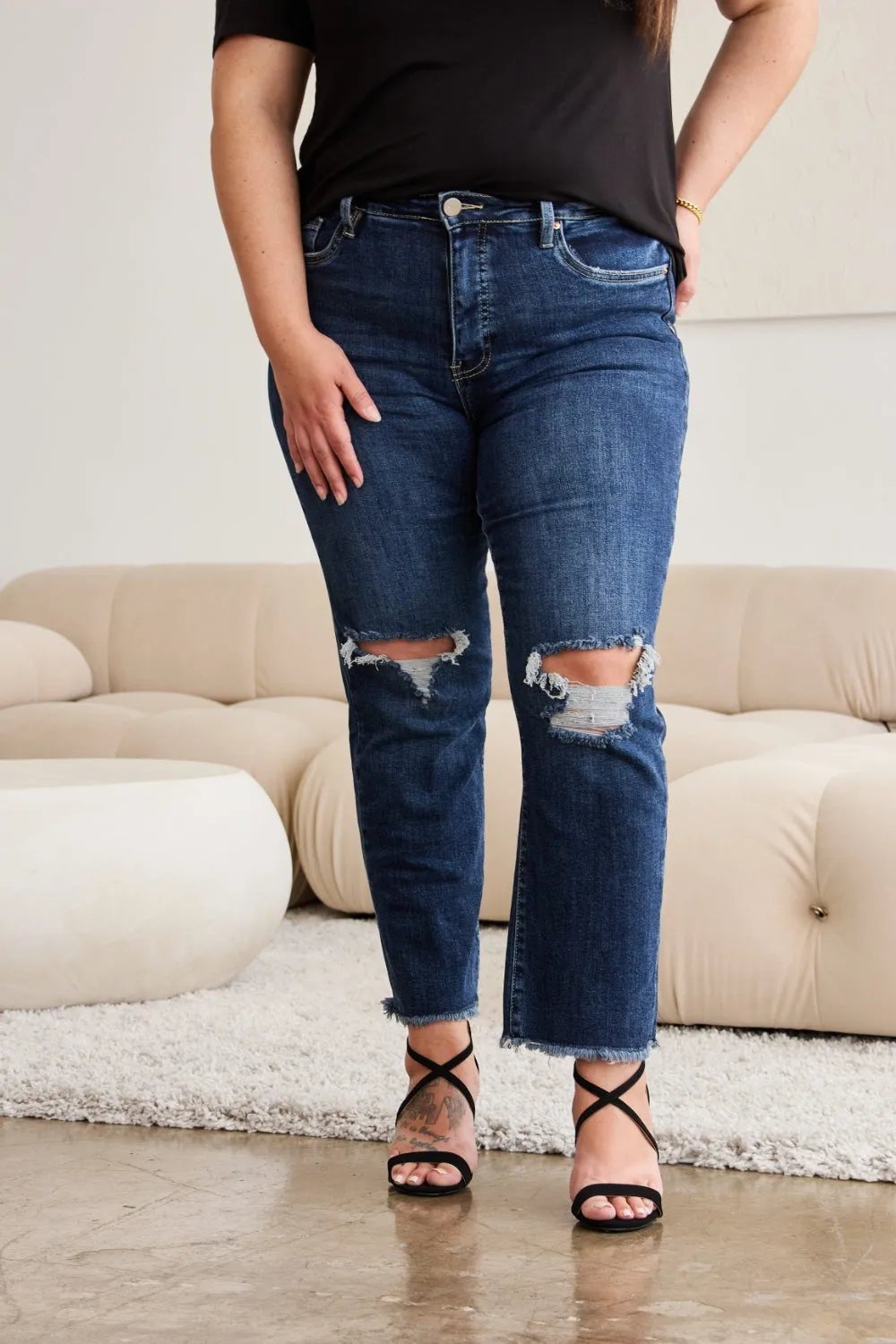 Hazel Blues® |  RFM Crop Dylan Tummy Control Distressed High Waist Raw Hem Jeans
