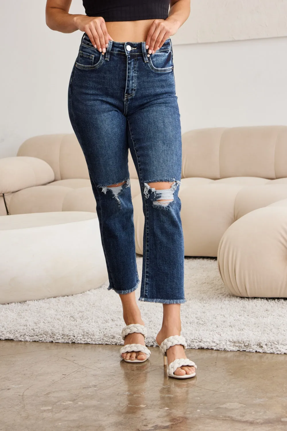 Hazel Blues® |  RFM Crop Dylan Tummy Control Distressed High Waist Raw Hem Jeans