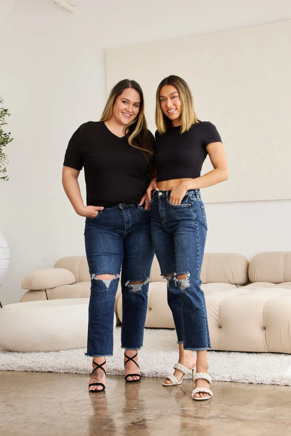 Hazel Blues® |  RFM Crop Dylan Tummy Control Distressed High Waist Raw Hem Jeans