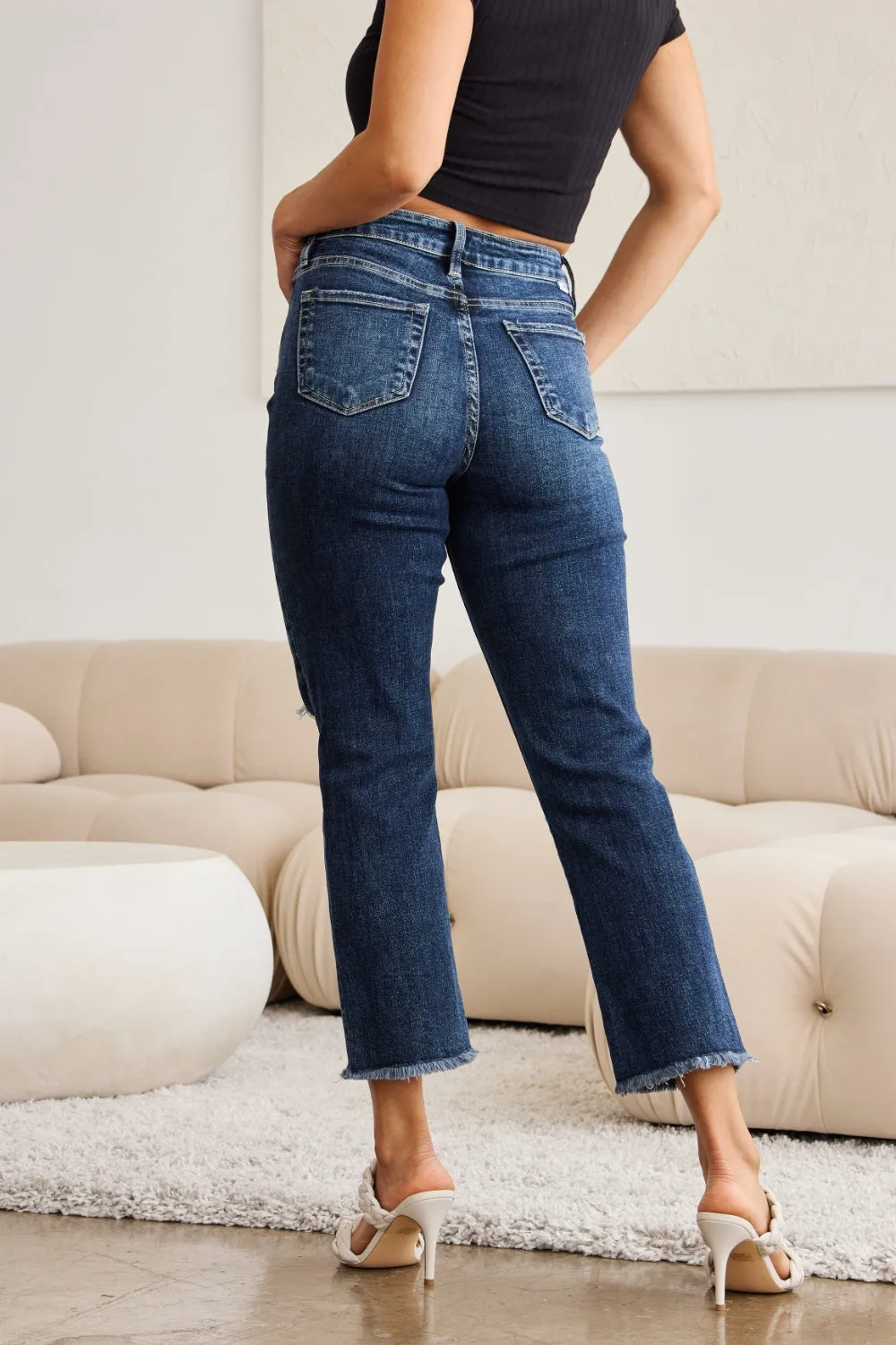 Hazel Blues® |  RFM Crop Dylan Tummy Control Distressed High Waist Raw Hem Jeans
