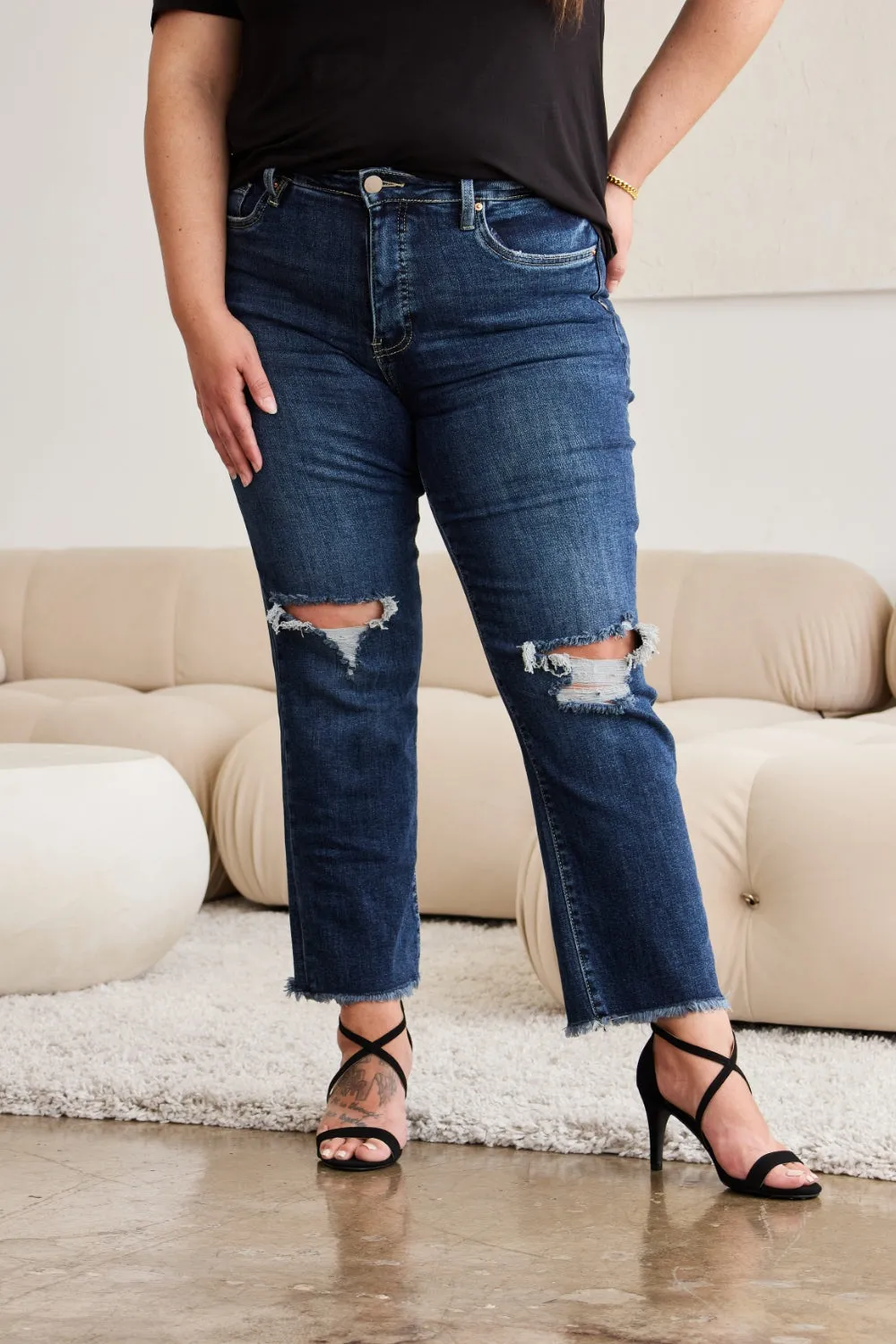Hazel Blues® |  RFM Crop Dylan Tummy Control Distressed High Waist Raw Hem Jeans