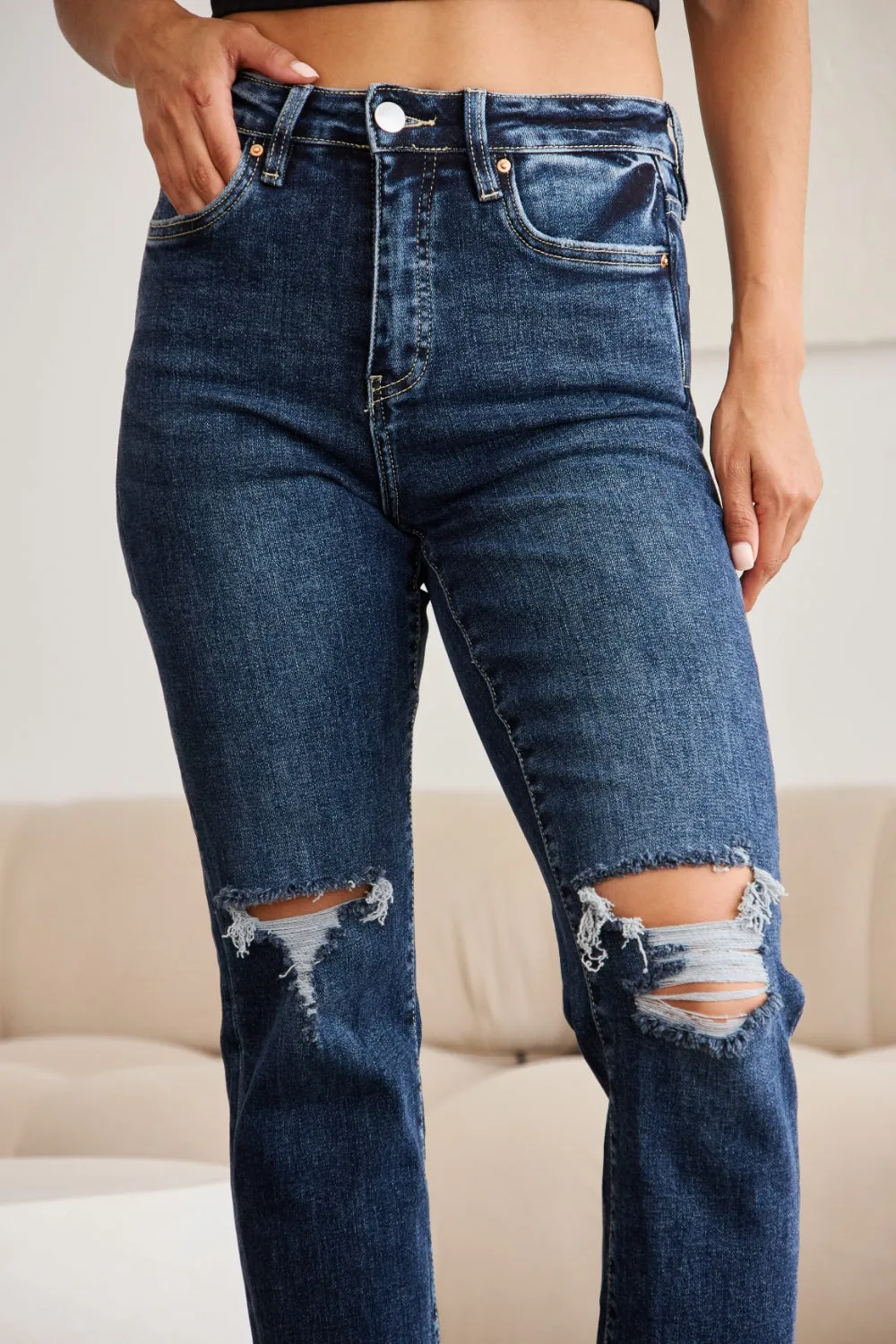 Hazel Blues® |  RFM Crop Dylan Tummy Control Distressed High Waist Raw Hem Jeans
