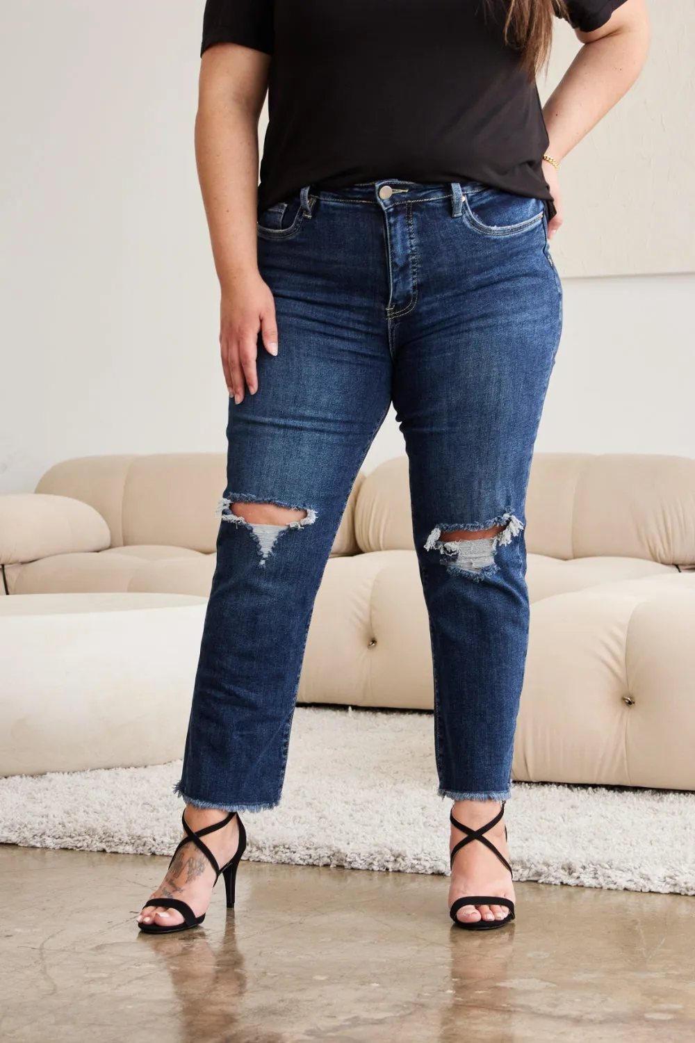 Hazel Blues® |  RFM Crop Dylan Tummy Control Distressed High Waist Raw Hem Jeans