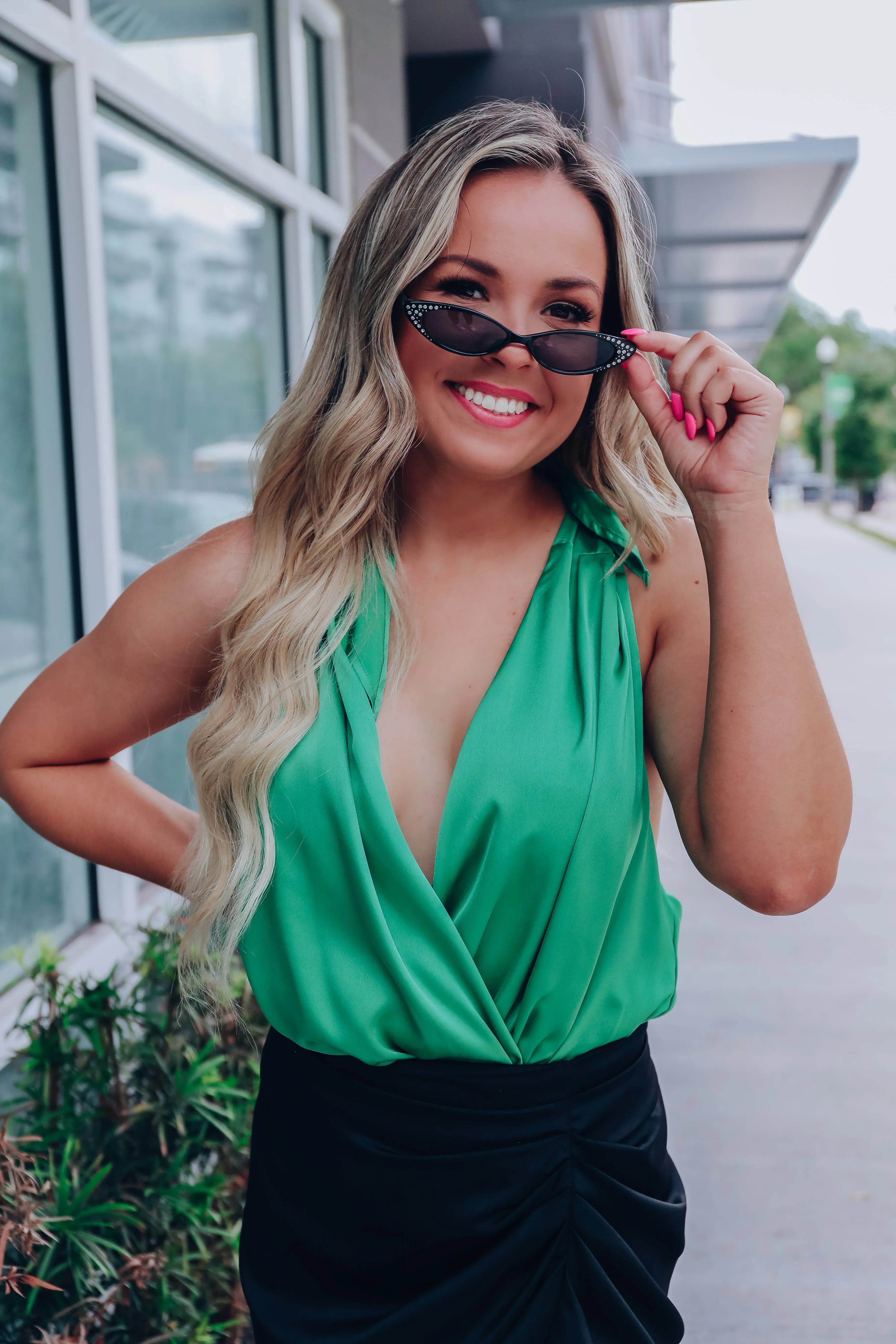 High Class Self-Tie Satin Bodysuit - Emerald