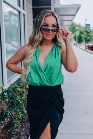 High Class Self-Tie Satin Bodysuit - Emerald