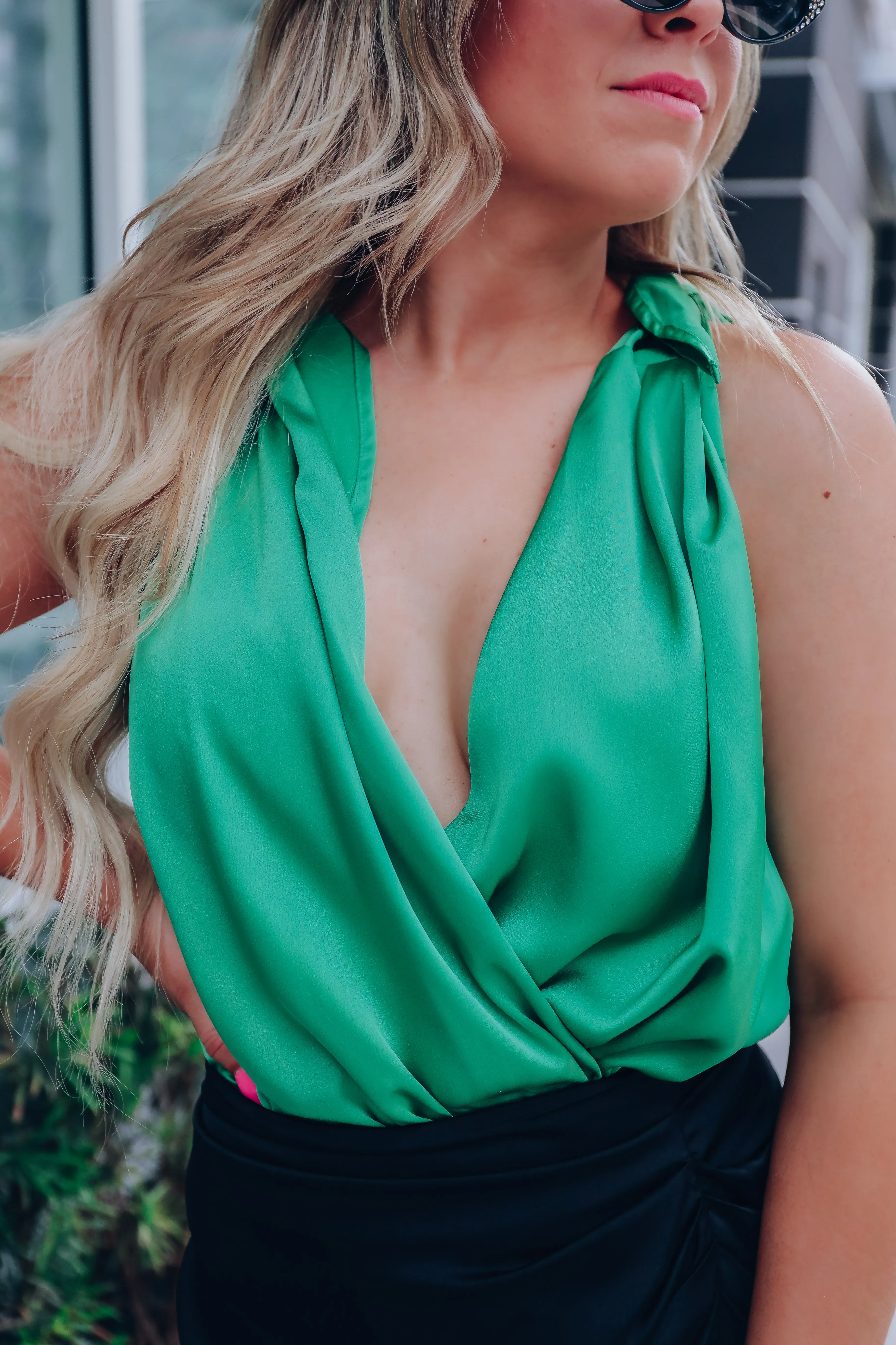 High Class Self-Tie Satin Bodysuit - Emerald