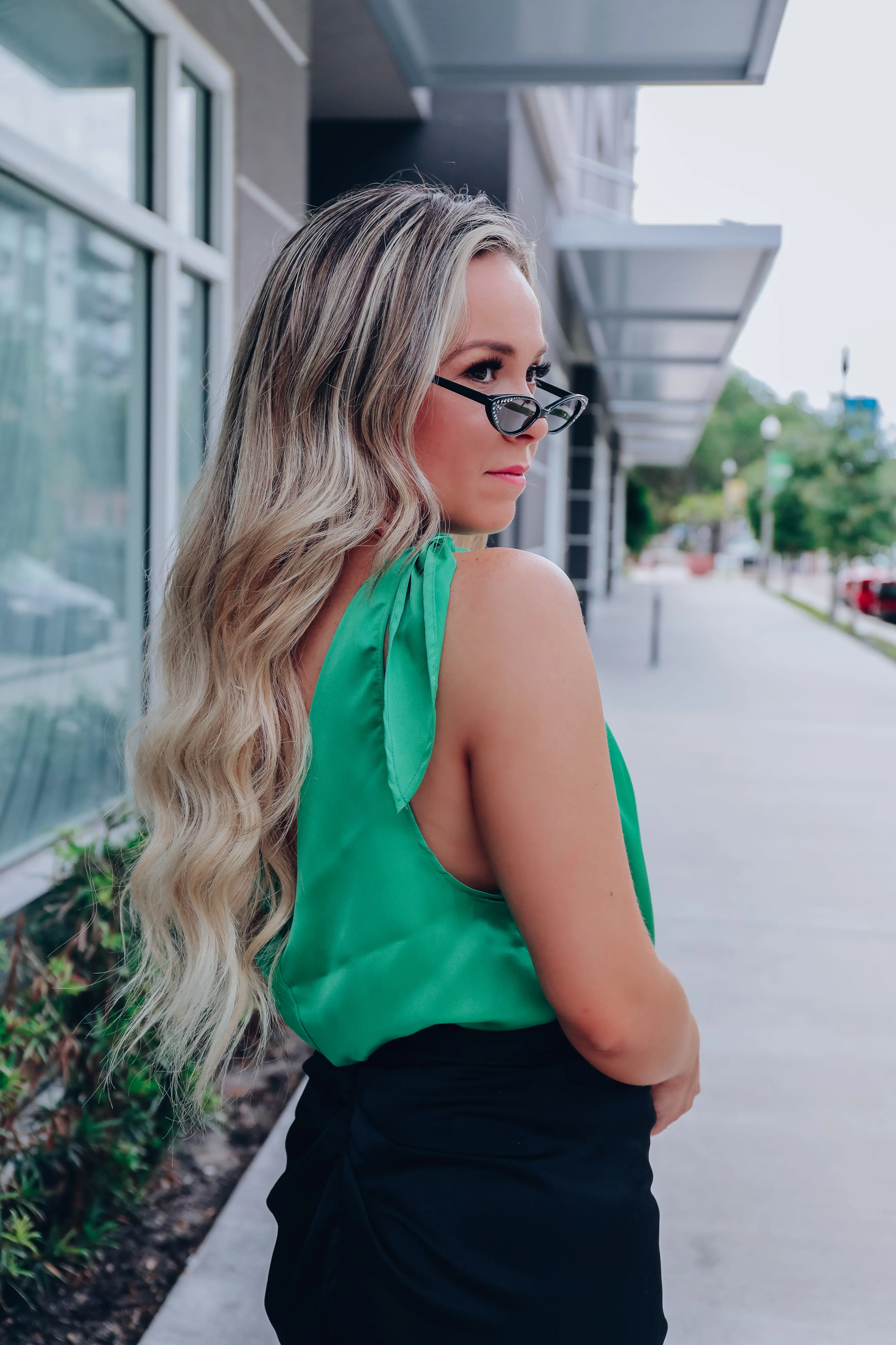 High Class Self-Tie Satin Bodysuit - Emerald