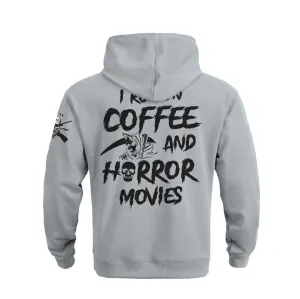 I RUN ON COFFEE AND HORROR MOVIES COTTON  GRAPHIC POCKET HOODIE