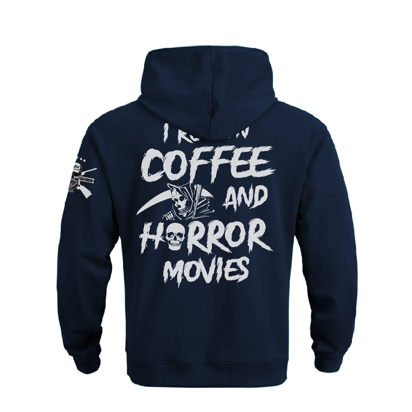 I RUN ON COFFEE AND HORROR MOVIES COTTON  GRAPHIC POCKET HOODIE