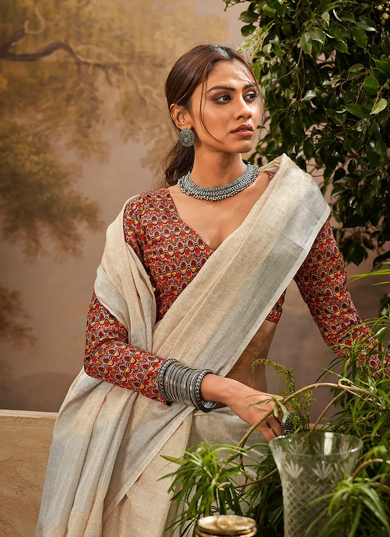 Ivory Handloom Khadi Saree With Digital Printed Blouse