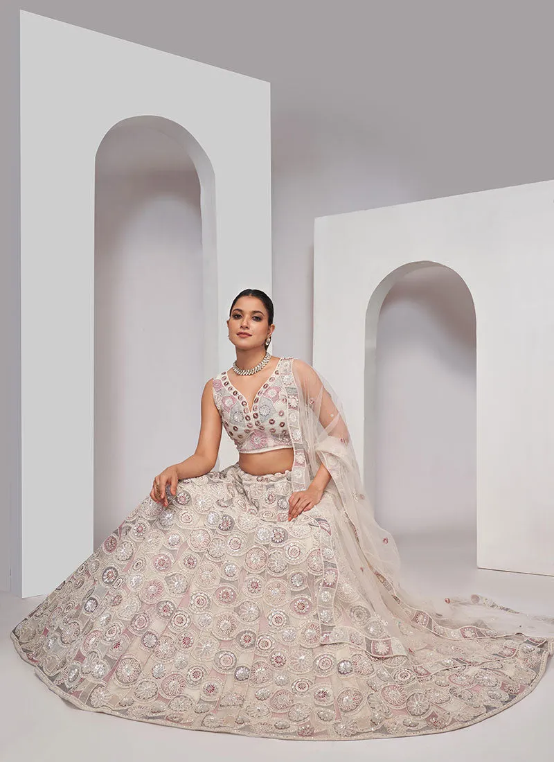 Ivory Multi Thread And Sequence Embroidery Wedding Lehenga