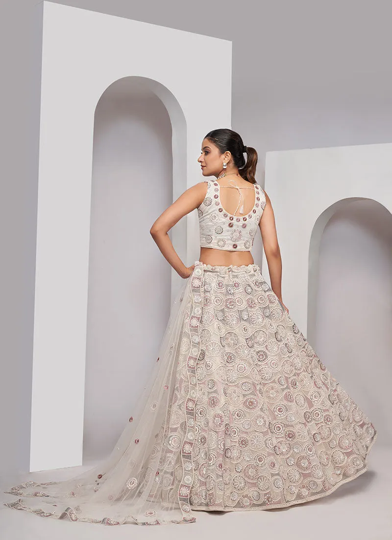 Ivory Multi Thread And Sequence Embroidery Wedding Lehenga