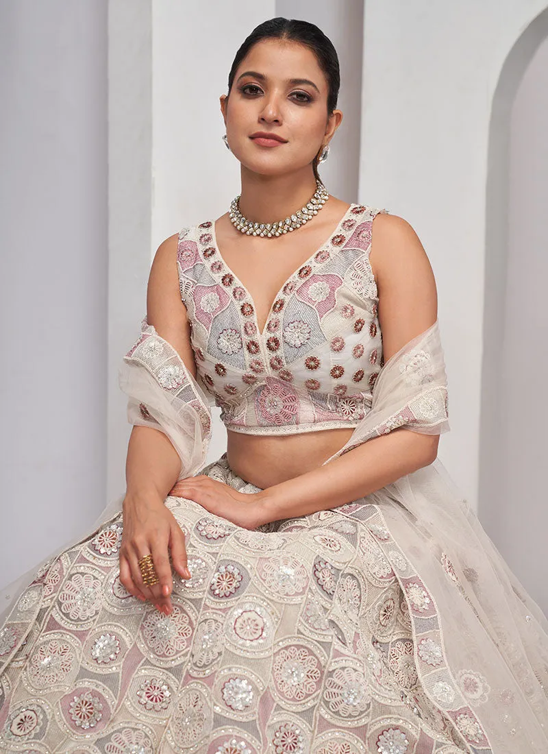 Ivory Multi Thread And Sequence Embroidery Wedding Lehenga