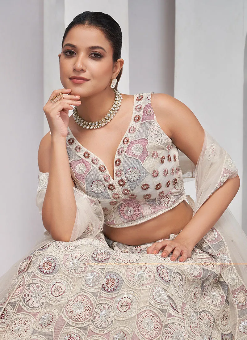 Ivory Multi Thread And Sequence Embroidery Wedding Lehenga