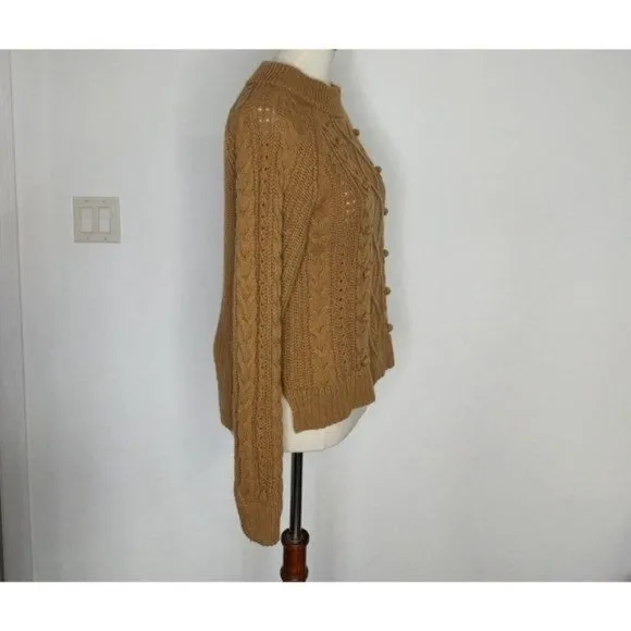 J. Crew Sweater S Azra Cable Knit Pullover Pom Pom Mock Neck Caramel Chunky