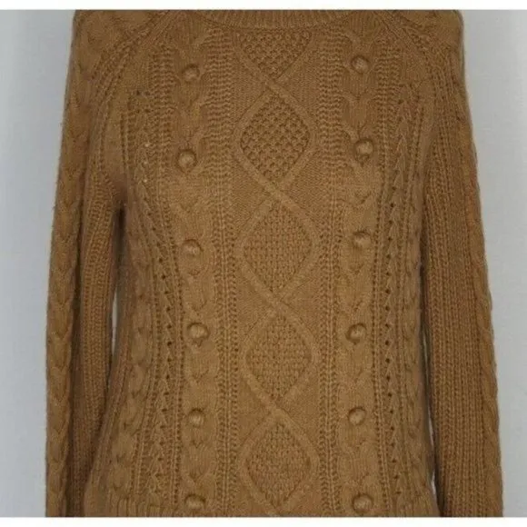 J. Crew Sweater S Azra Cable Knit Pullover Pom Pom Mock Neck Caramel Chunky
