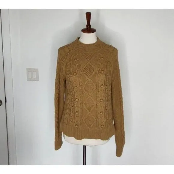 J. Crew Sweater S Azra Cable Knit Pullover Pom Pom Mock Neck Caramel Chunky
