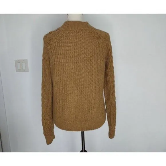 J. Crew Sweater S Azra Cable Knit Pullover Pom Pom Mock Neck Caramel Chunky