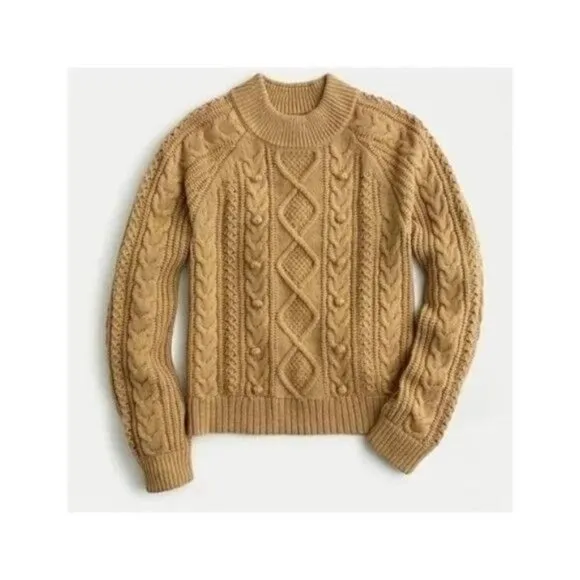 J. Crew Sweater S Azra Cable Knit Pullover Pom Pom Mock Neck Caramel Chunky