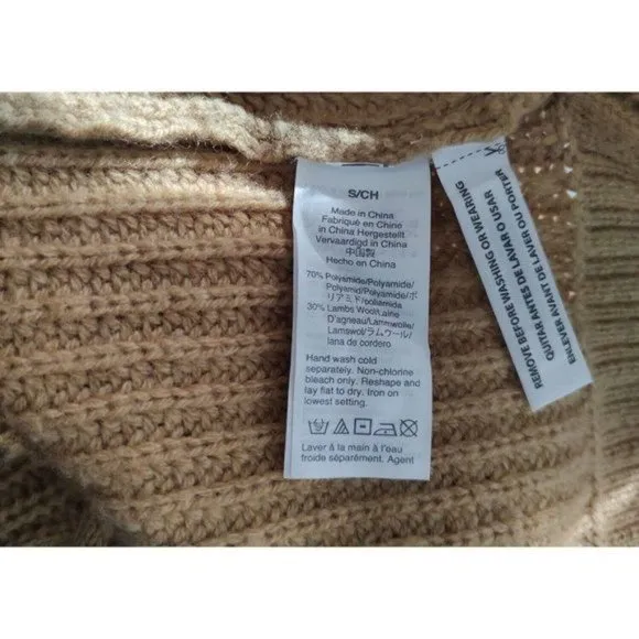 J. Crew Sweater S Azra Cable Knit Pullover Pom Pom Mock Neck Caramel Chunky