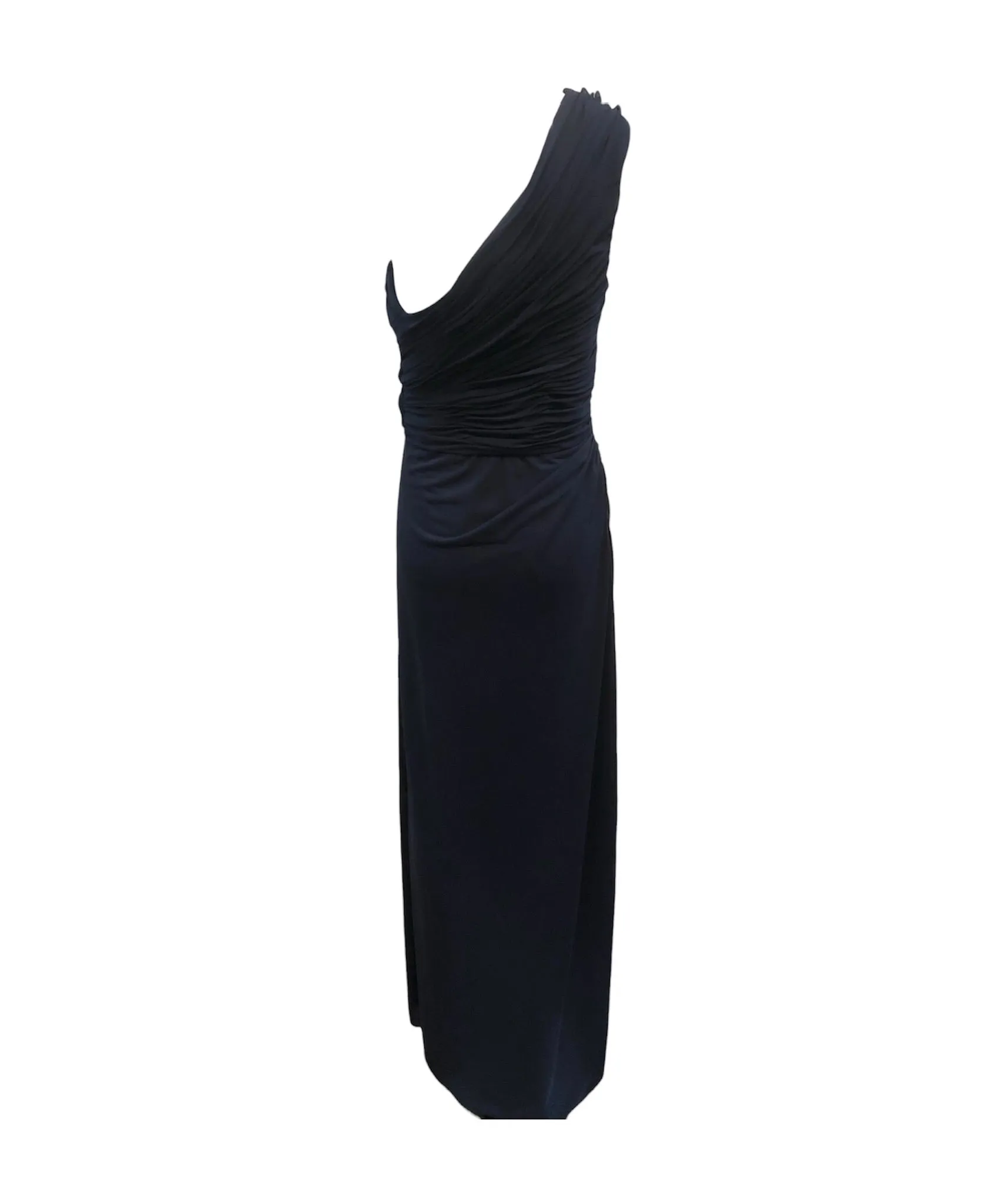 J Mendel Deep Blue Jersey One Shoulder Gown, NWT