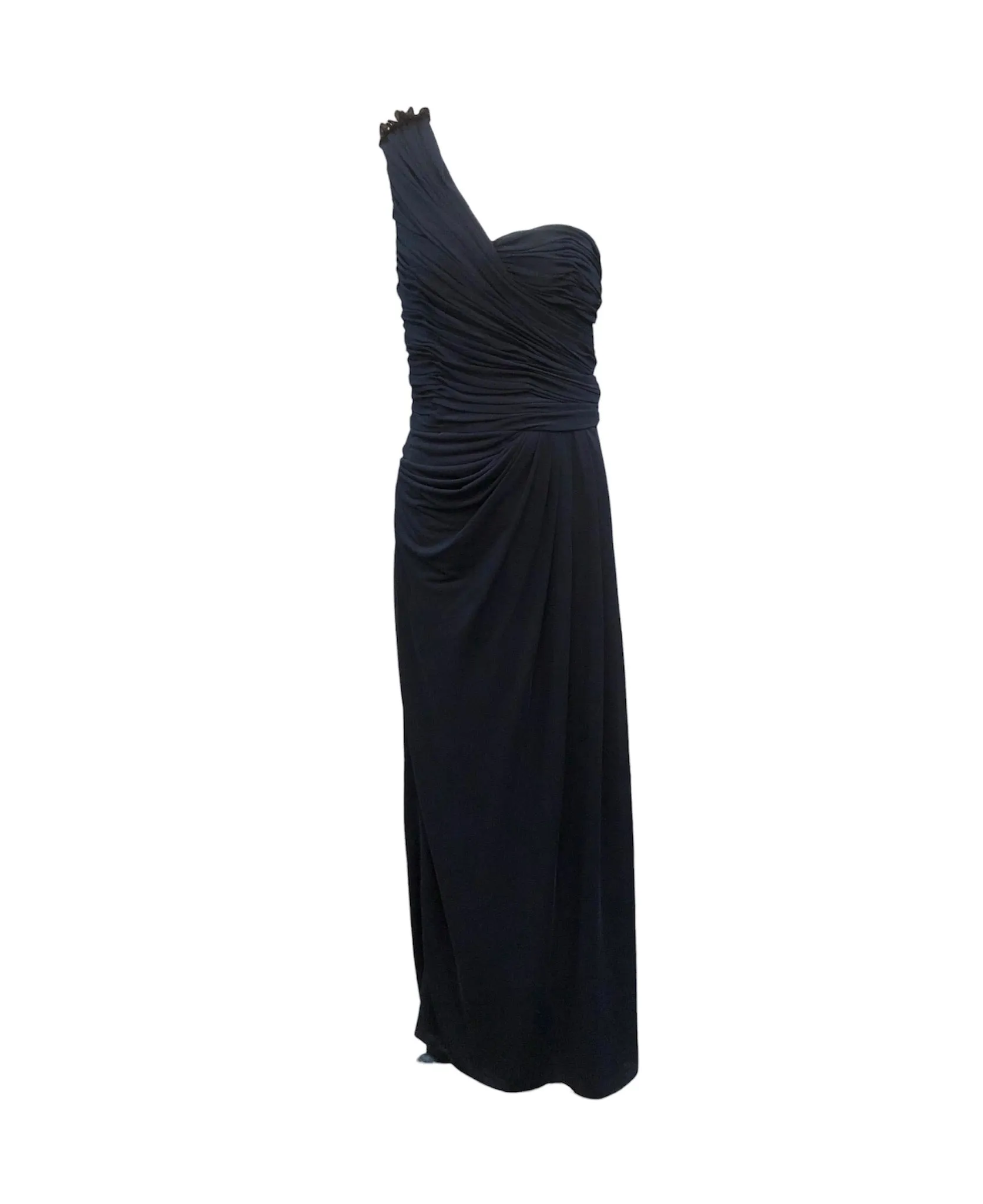 J Mendel Deep Blue Jersey One Shoulder Gown, NWT