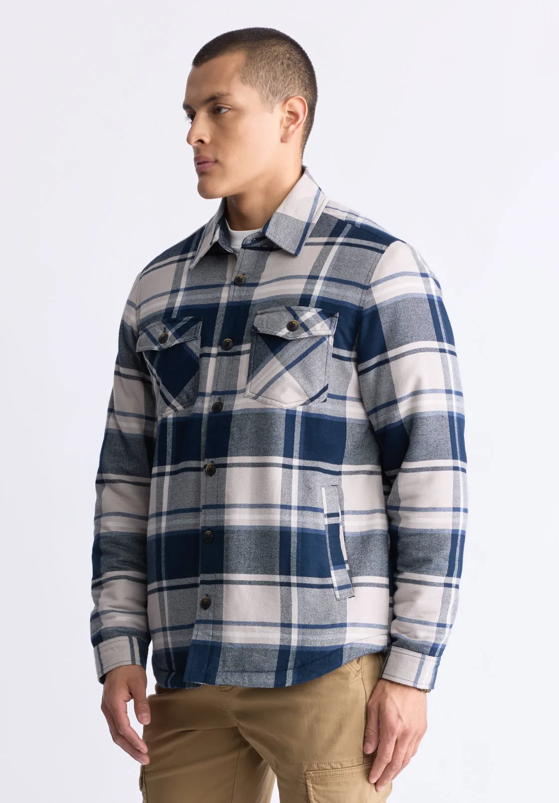 Jalika Men's Plaid Shacket with Sherpa Lining, Cream & Navy - BM24447