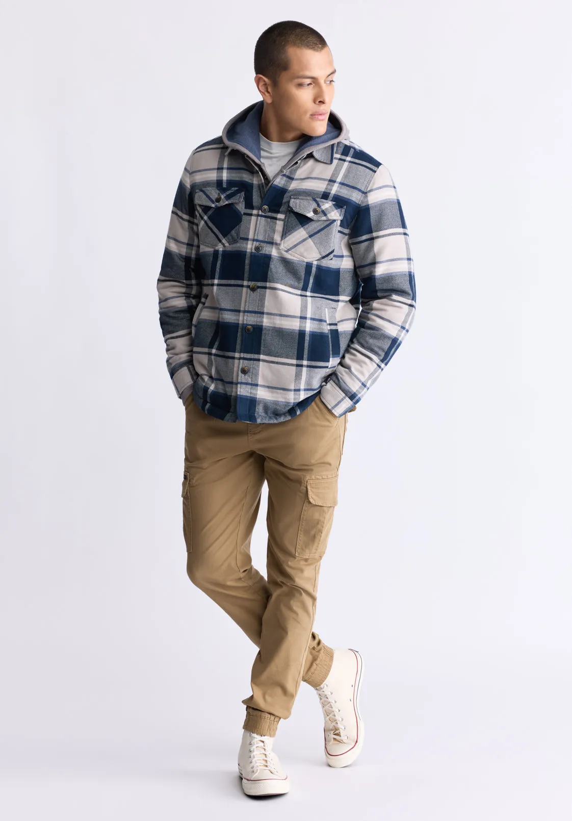 Jalika Men's Plaid Shacket with Sherpa Lining, Cream & Navy - BM24447