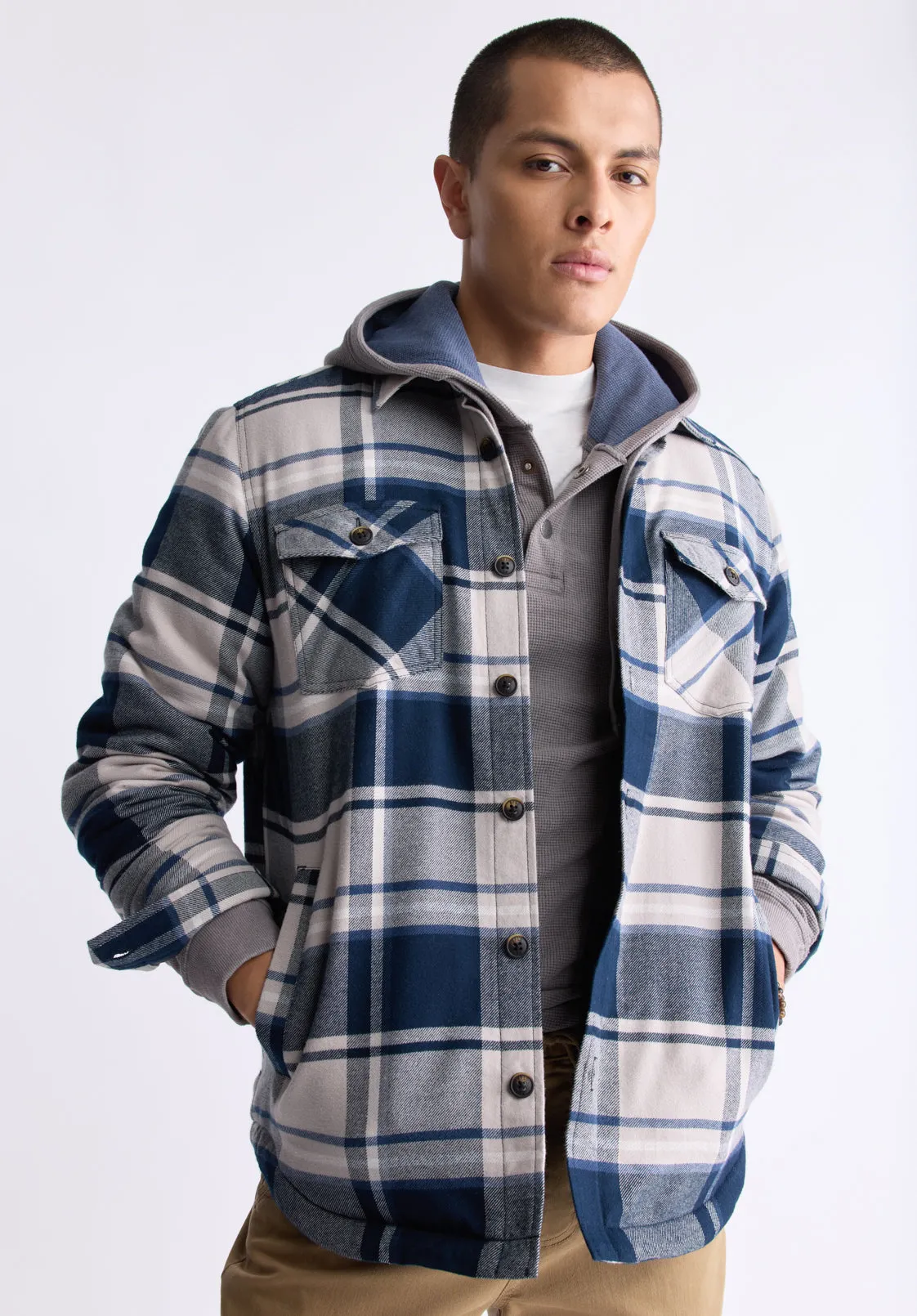 Jalika Men's Plaid Shacket with Sherpa Lining, Cream & Navy - BM24447