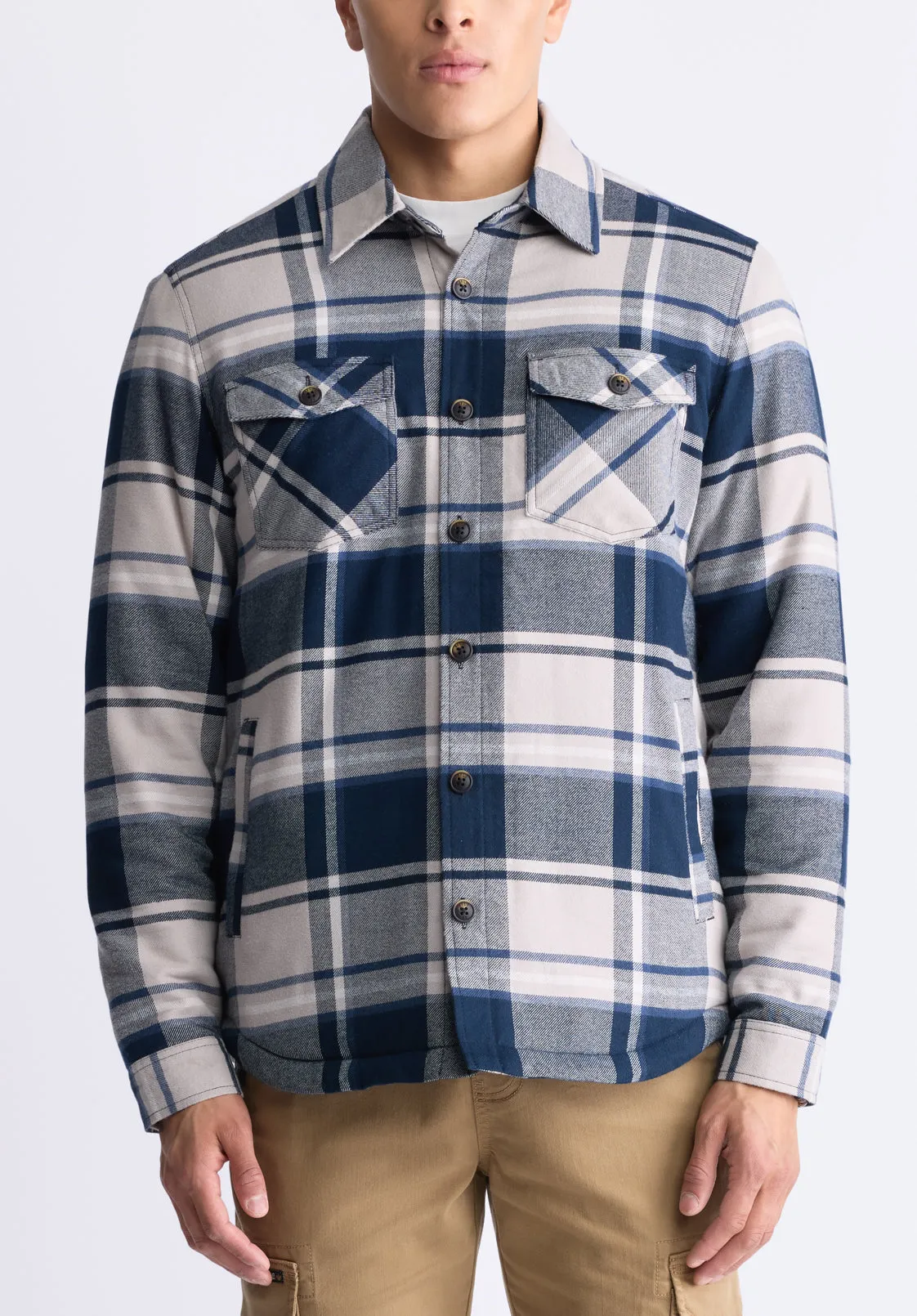 Jalika Men's Plaid Shacket with Sherpa Lining, Cream & Navy - BM24447