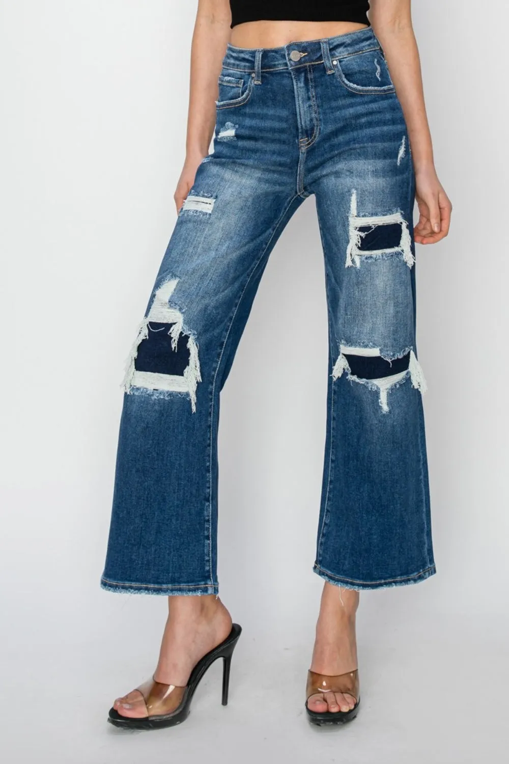 Jordan High Rise Patch Detailed Wide Leg Crop Jeans - K1293DN