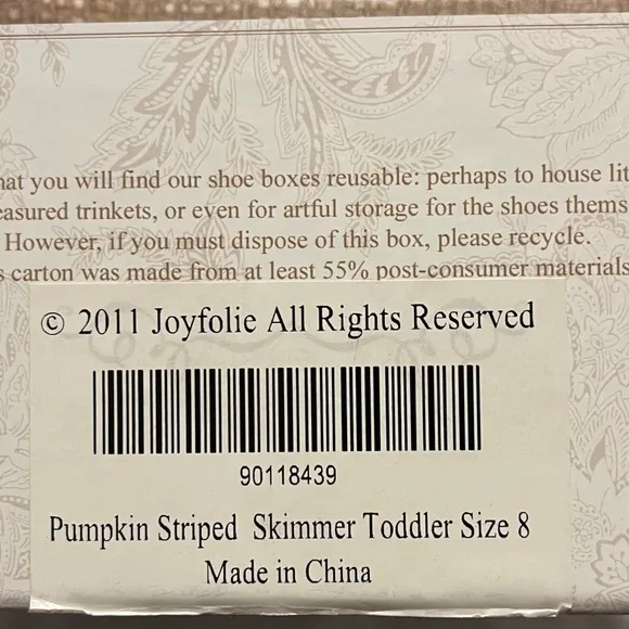 Joyfolie Brand New in Box 2011 Pumpkin Striped Skimmer Flats Toddler Size 8