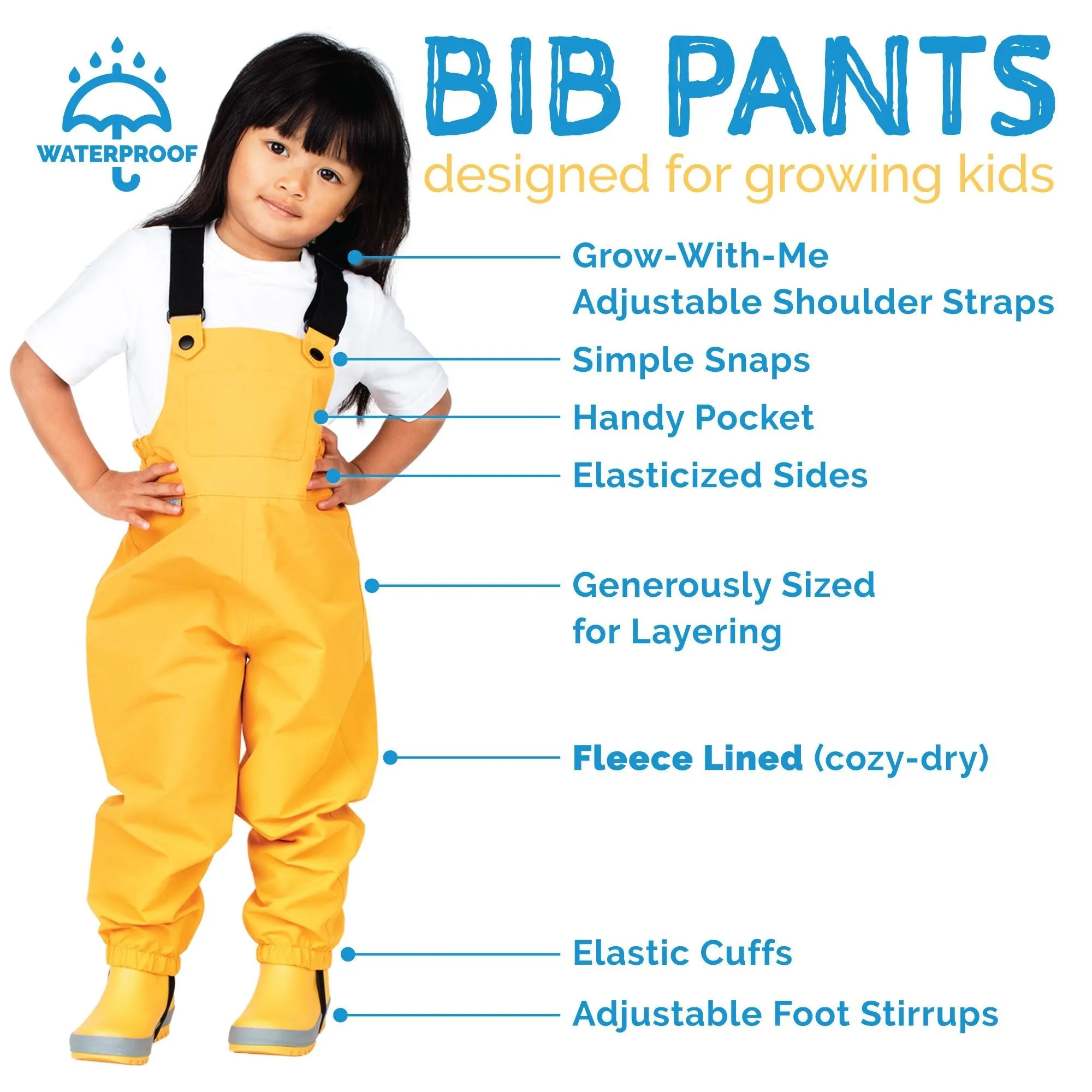 Kids Cozy-Dry Rain Bib Pants - Yellow