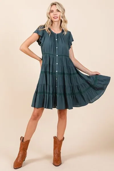 Lace Detail Ruffled Button Down Tiered Dress