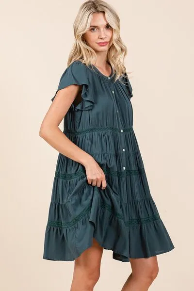 Lace Detail Ruffled Button Down Tiered Dress