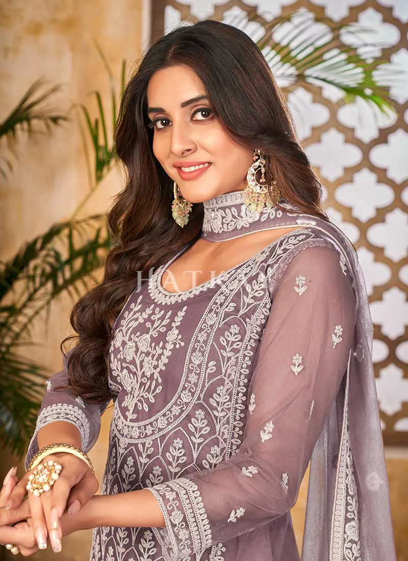 Lavender Embroidered Designer Palazzo Suit