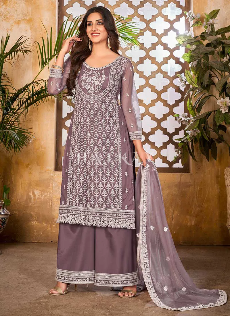 Lavender Embroidered Designer Palazzo Suit