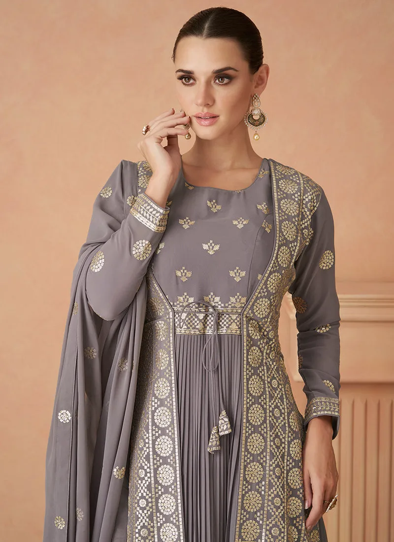 Lavender Golden Sequence Embroidery Anarkali Gown With Jacket